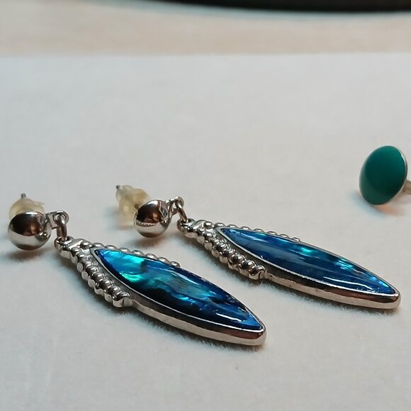 Two Pair Vintage Costume Silver Tone Faux BlueGreen Turquoise Stud Earrings #29W - Picture 7 of 11